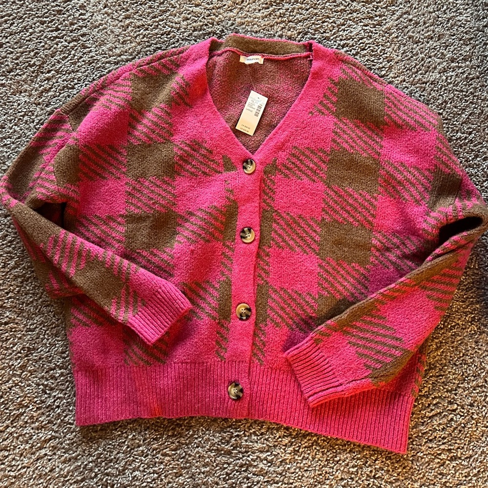 Maurices Pink and Brown Plaid Cardigan